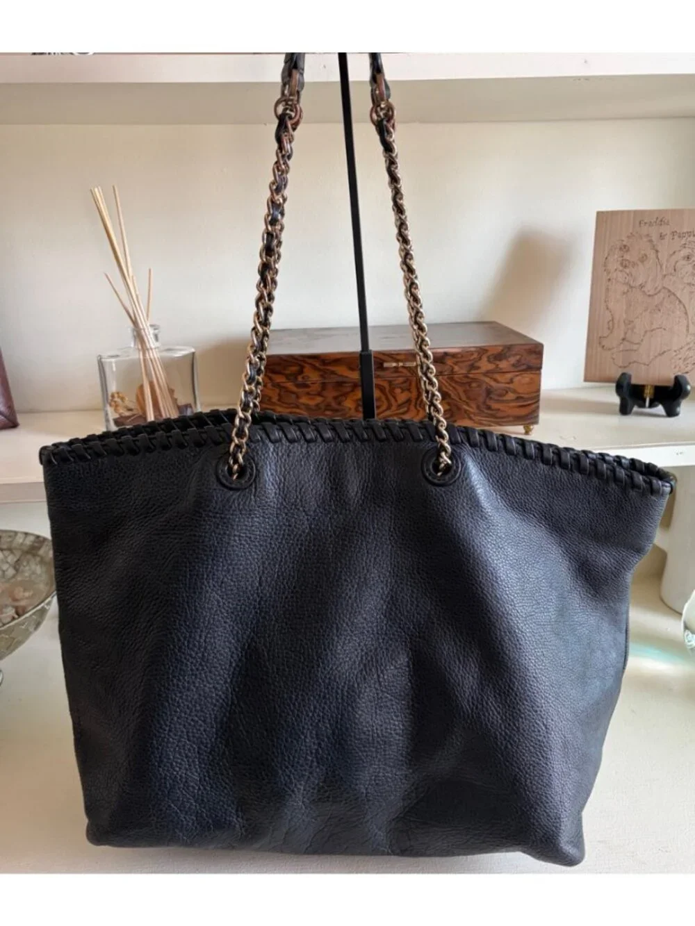 Tory Burch Marion Bag Whipstitch Trim Gold Chain Pebbled Black Shoulder Leather - Picture 5 of 13